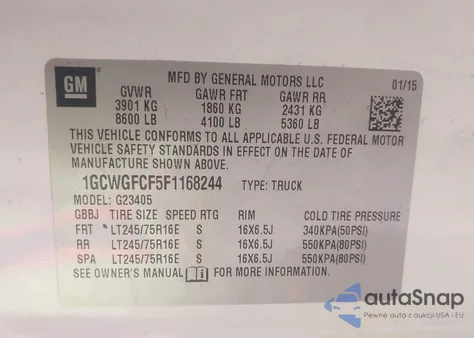 2015 Chevrolet Express 2500 Work Van from USA, damaged, VIN 1GCWGFCF5F1168244